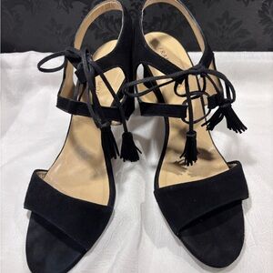 France Mode Black Suede Heels with Tassel Ties